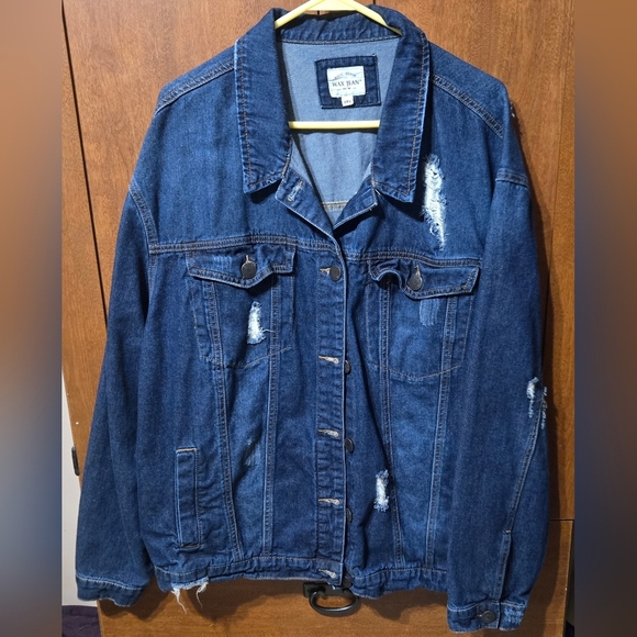Womens Plus Size Wax Jean Distressed Dark Blue Denim Jacket - Picture 1 of 4